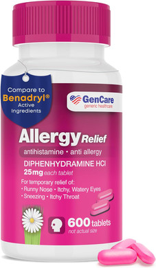 Gencare Allergy Relief Medicine  Bulk Value 1000 Count Diphenhydramine 25Mg  Antihistamines For Adults For Congestion, Sneezing, Runny Nose, Itchy Eyes & Throat  Pink