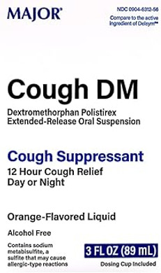 Major Cough Dm Dextromethorphan Polistirex Extended-Release Day Or Night 12 Hour Cough Relief & Suppressant - Orange Flavor - 3 Fl Oz (Delsym)