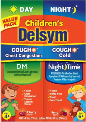 Delsym Children'S Cough + Chest Congestion Day & Night Cold Liquid, Cherry & Berry, 8 Oz