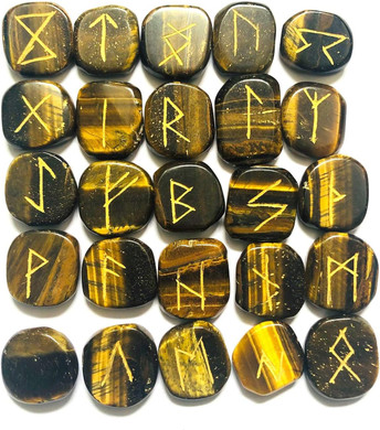 Crystalmiracle Lot Of 25 Tigers Eye Carved Tumbled Stones Rune Set Crystal Healing Reiki Feng Shui Home Office Gift Wellness Peace Meditation