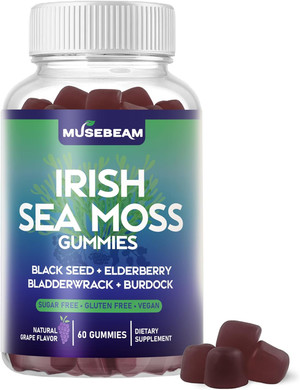 Irish Sea Moss Gummies - With Black Seed Elderberry Bladderwrack Burdock Turmeric Omega-3 Vitamins C D3 Zinc - Seamoss Supplements For Adults Women Men - Sugar-Free Gluten Free Vegan