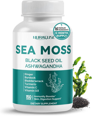 Sea Moss Black Seed Oil Ashwagandha Ginger 16-In-1 Formula - With Burdock, Bladderwrack, Turmeric Non-Gmo, Gluten-Free, Soy-Free