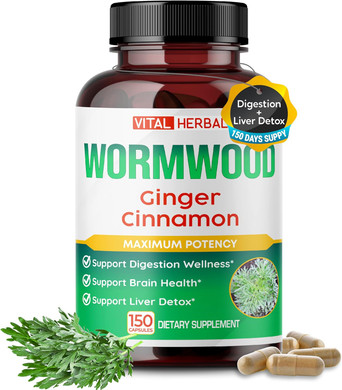 Vital Herbal Wormwood With Ginger, Cinnamon, And Black Walnut Hull- Maximum Potency - Supports Digestion, Brain Health, Liver - Made In The Usa