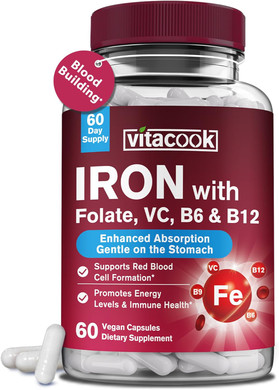 Iron Supplement For Women & Men, Iron Bisglycinate With Vitamin C, B6, B12, Folate, Stomach Friendly, Non-Constipating, Blood Health & Energy Boost, 60 Vegan Caps