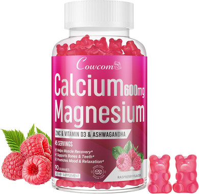 Calcium Magnesium Zinc Gummies | High Absorption Vegan Supplement With Ashwagandha,Vitamin D3,B6,B12 | Bone & Muscle Support,Calm Mood & Sleep Aid | Sugar-Free,Blueberry Flavor,90 Count