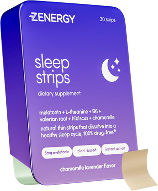 Zenergy Sleep Oral Strips - Chamomile Lavender Flavor | 5Mg Melatonin + 20Mg L-Theanine + 100% Vitamin B6 + Botanicals | 0 Sugar, 0 Calories, 0 Gluten, Vegan, Instant Action | 1 Tin = 30 Strips
