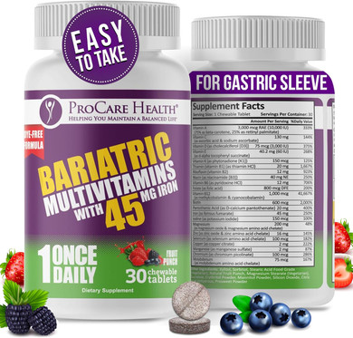 Procare Health Bariatric Multivitamin With Iron 45Mg Chewable (30 Tablets) - Fruit Punch Flavor Bariatric Multivitamin Chewable Pills For Gastric Bypass & Sleeve Gastrectomy Patients (01 Month Supply)