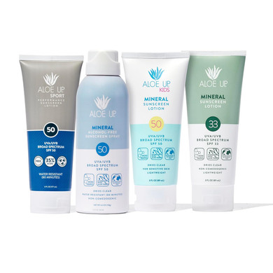 Aloe Up Mineral Sunscreen Lotion Spf 33, Mineral Sunscreen Spray Spf 50, Kids Mineral Sunscreen Lotion Spf 50, And Sport Sunscreen Lotion Spf 50 - Sunscreen Bundle - Reef Friendly - 4 Items