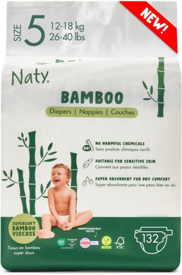 Naty Bamboo Viscose Baby Diapers  Silky Soft, Plant Based, Dermatologically Tested For Sensitive Skin & Super Absorbent (Size 5, 132 Count)