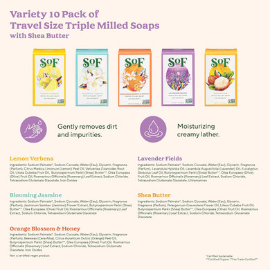 Sof Triple Milled Bar Soap - With Coconut Oil & Organic Shea Butter- Vegan & Non Gmo- Free From Phthalates, Sulfates & Parabens- Travel Size Variety Pack - 1.7 Oz Bar 10 Travel Bars