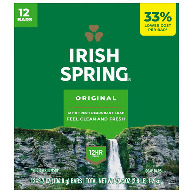 Irish Spring Bath Bar Soap, 12 Count, Original, 45 Oz