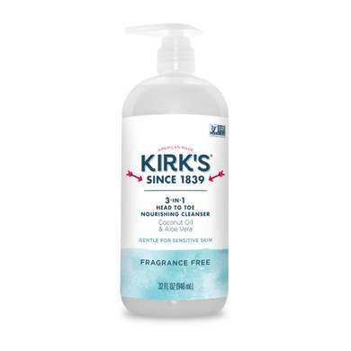 Kirk'S 3-In-1 Head To Toe Nourishing Liquid Cleanser- For Men, Women & Children - Premium Coconut Oil & Aloe Vera- Non Gmo & Vegan -Fragrance Free - 32 Fl Oz