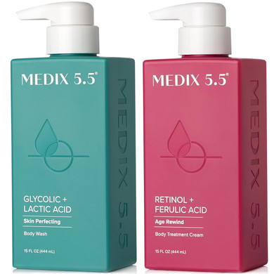 Medix 5.5 Exfoliating Aha Glycolic Acid Face & Body Wash Cleanser + Retinol Moisturizing Body Cream Lotion Skin Care 2Pc Set | Alpha Hydroxy Acid & Lactic Acid Foaming Face Wash, 2-Pc