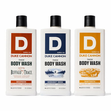 Duke Cannon Supply Co. Thick High Viscosity Body Wash - 3X Thicker, Plant-Based Body Wash For Men With Lasting Scent - Mens Body Scrub - Sawtooth, Midnight Swim & Bourbon (18Oz)