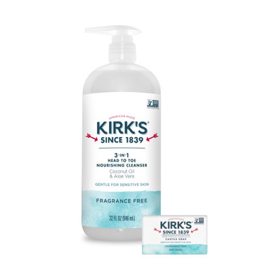 Kirk'S 3-In-1 Head To Toe Nourishing Cleanser & Travel Size Bar Soap - For Men, Women & Children, Made With Premium Coconut Oil And Aloe Vera, Non-Gmo & Vegan, Fragrance Free, 32 Fl Oz