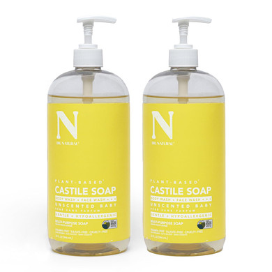 Dr. Natural Castile Liquid Soap - Multi-Use Body Wash, Shampoo And Face Wash - Body Soap For Skin, Hair, Pets And Home - Unscented Baby - 2 Pc