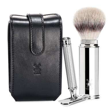 Mühle Travel Black Leather Case Silvertip Fiber Safety Razor Travel Set