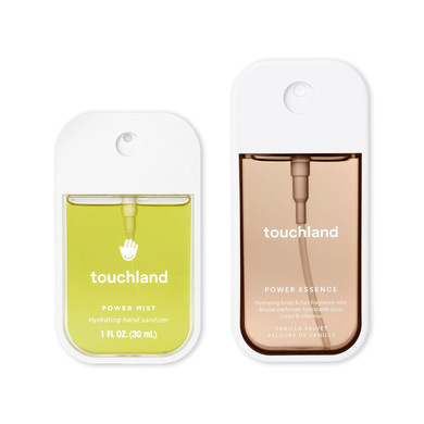 Touchland Vanilla Indulgence Body And Hand Essentials (Vanilla Velvet Body & Hair Fragrance Mist, 2 Fl. Oz. + Vanilla Blossom Hydrating Hand Sanitizer Spray 1Fl.Oz.), Travel Size Set