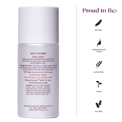 Womaness Brighten Up Face Exfoliating Toner & Dark Spot Treatment - Aha Bha Hydrating, Gentle Pore Cleaner + Liquid Exfoliant For Dull, Dry Skin - Brightening Pha For Women (3.4Oz)