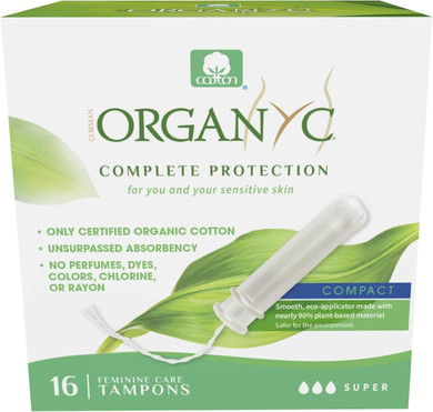 Organyc 100% Certified Organic Cotton Tampons, Plant-Based Eco-Applicator, Super Flow, 16 Count