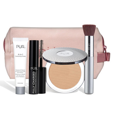 Pür Multitasking Essentials Best Sellers Kit - Makeup Gift Set Includes 4-In-1 Correcting Primer, Fully Charged Mascara, 4-In-1 Pressed Mineral Powder & 1 Chisel Brush