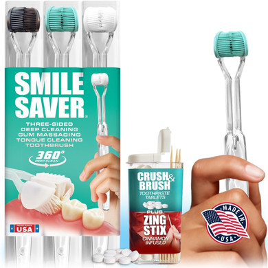 Smile Saver 360° Deep Clean 3-Sided Toothbrush 3Pk + Toothpaste Tablets + Flavor Infused Toothpicks | Deep Cleaning + Gum Massage + Tongue Scraper (Black, Teal & White - Charcoal - Peppermint)