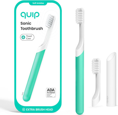 Quip Plastic Sonic Toothbrush, Electric Toothbrush For Adults Time Travel & Soft Bristles With Travel Case & Replaceable Brush Head -3-Month Battery Life - Sage Green