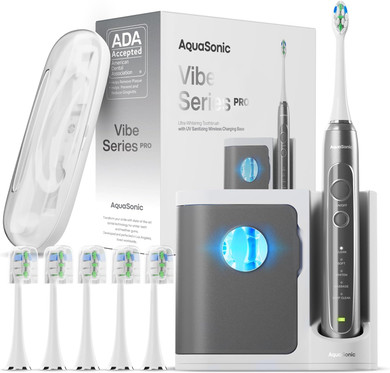 Aquasonic Vibe Series Pro  Ultra-Whitening Electric Toothbrush  5 Modes & Smart Timers  Uv Sanitizing Base  Ada Accepted (Optic White)