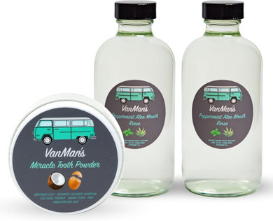 Vanman'S - Oral Mouth Care Kit With Powder Toothpaste (2.5 Ounce) And Oral Rinse Mouthwash (8 Ounce) - Aloe, Mint Remineralizing Mouthwash And Tooth Powder With Coconut Charcoal, Egg Shell