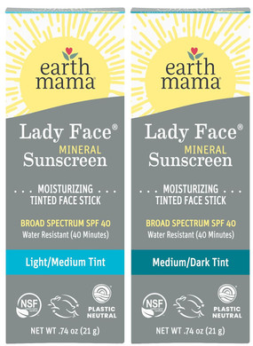 Earth Mama Lady Face® Tinted Mineral Sunscreen Face Stick Spf 40 Light/Medium Tint | Contains Organic Shea & Cocoa Butter | Foundation + Concealer Blends With Most Skin Tones