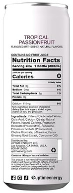 Uptime - Tropical Passionfruit 12 Pack - Zero Sugar Premium Energy Drink, 12Oz Cans, Natural Caffeine, Natural Flavors
