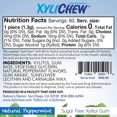Xylichew 100% Xylitol Chewing Gum - Non Gmo, Non Aspartame, Gluten Free, And Sugar Free Gum - Natural Oral Care, Relieves Bad Breath And Dry Mouth - Peppermint, 240 Count