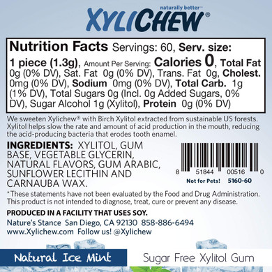 Xylichew 100% Xylitol Chewing Gum - Non Gmo, Non Aspartame, Gluten Free, And Sugar Free Gum - Natural Oral Care, Relieves Bad Breath And Dry Mouth - Ice Mint, 240 Count