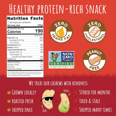 Sunshine Nut Company Whole Roasted Lightly Salted Cashews, Spark Of Spices Flavor, 6 Pack, 7 Oz. Each, Gluten Free, Peanut Free And Vegan Individual Snack Packs For Kids And Adults, Gmo Free