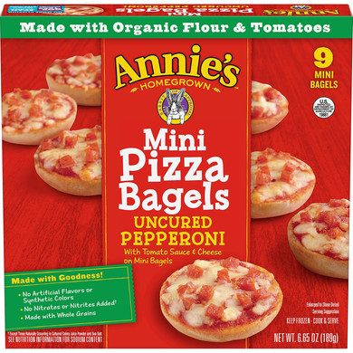 Annie'S Frozen Mini Pizza Bagels, Uncured Pepperoni, Snacks, 9 Ct, 6.65 Oz