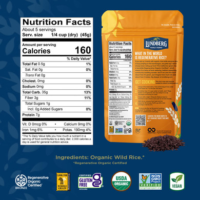 Lundberg Wild Rice, Regenerative Organic Certified  100% Natural California Cultivated Wild Black Rice, 8 Oz