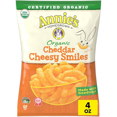 Annie'S Organic Cheddar Cheesy Smiles, Baked Corn Puffs, Gluten Free, 4 Oz