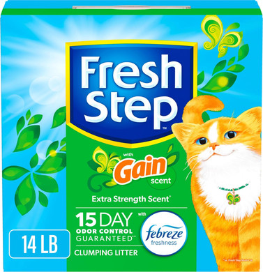 Fresh Step Clumping Cat Litter With Febreze Gain Scent, Long Lasting Odor Control Kitty Litter With Activated Charcoal, Low Dust Formula, 14 Lb