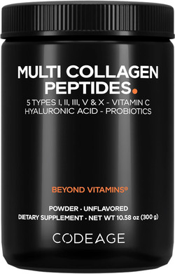 Codeage Multi Collagen Peptides Powder + Probiotics Black Edition, Vitamin C, Hyaluronic Acid Powder Supplement, Grass-Fed, Hydrolyzed, Zero Carbs, Type I, Ii, Iii, V & X, Unflavored, 10.58Oz
