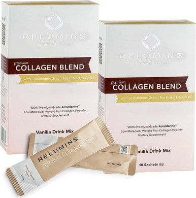 Relumins Marine Collagen Powder Drink Mix - Collagen Peptide With Glutathione, Green Tea, Coq10, & Hyaluronic Acid Promotes Glowing Skin - 100 Powder Sachets X Blueberry Flavored + 10 Free Sachets