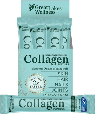 Great Lakes Wellness Sustainable Marine Collagen Peptides Powder For Skin, Hair, Nails, Joints & Digestion - Unflavored - Hydrolyzed, Wild Caught, Msc Certified, Non-Gmo, Kosher - 20 Sticks