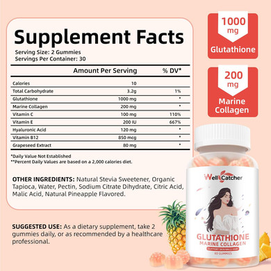 Glutathione Gummies For Skin Whitening - Glutathione 1000Mg Supplement With Collagen Glow Gummies Sugar-Free Antioxidant Support For Women Skin Care Anti-Aging Immunity Pineapple Flavor 120Ct