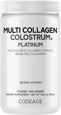 Codeage Multi Collagen Colostrum Powder Platinum - Hydrolyzed Grass-Fed Bovine Collagen Peptides, Grass-Fed Bovine Colostrum Supplement, Vitamin C, Biotin, Hyaluronic Acid, Lactoferrin - 13.4 Oz