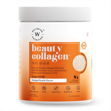Wellbeing Nutrition Beauty Korean Marine Collagen Peptides With Hyaluronic Acid, Rosehip, Astaxanthin, Biotin & Vitamins C & E For Hair, Nails, Skin Radiance & Anti-Aging | Mango Peach Flavor - 250G