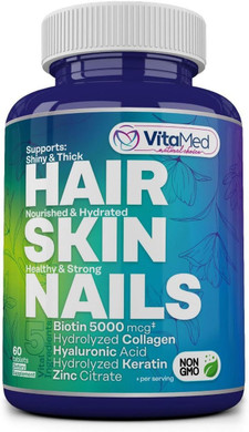 Hair, Skin & Nails  Biotin 5000 Mcg, Collagen, Optimsm, Keratin, Hyaluronic Acid & Silica | Supports Hair Growth, Radiant Skin, Strong Nails | Halal, Non-Gmo, Gluten-Free  180 Beauty Tablets
