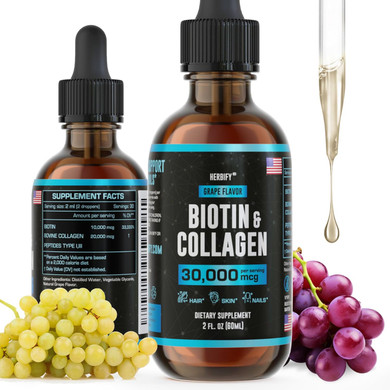 Herbify Collagen And Biotin Liquid Drops - Faster Absorption Supplement For Hair Growth And Stronger Nails - Hair Skin And Nails Vitamins For Women And Men - B7 Supplement - Made In Usa