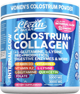 Bovine Colostrum+Collagen Peptides Powder| L-Glutamine L-Lysine Prebiotics Probiotics Digestive Enzymes Vitamin D K2 Vitamin C Quercetin & Folate|Gut Health Supplement Internal Glow By Clean Nutra (1)