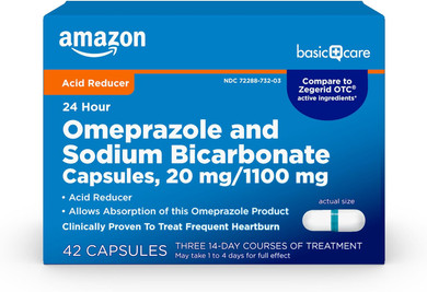 Amazon Basic Care Omeprazole And Sodium Bicarbonate Capsules, 20 Mg/1100 Mg, 24-Hour Frequent Heartburn Medicine, Acid Reducer Pills, 42 Count