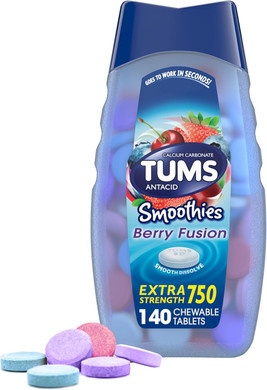 Tums Smoothies Extra Strength Antacid Chewable Tablets For Heartburn Relief, Assorted Fruit - 140 Count