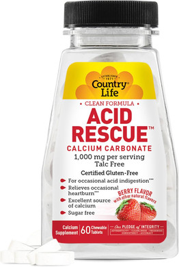 Country Life Acid Rescue Chewable Tablets - Certified Vegan & Gluten-Free Heartburn Relief, 400Mg Calcium & Magnesium, Non-Gmo, Sugar-Free Berry Flavor, Supports Bone Health, 60 Count